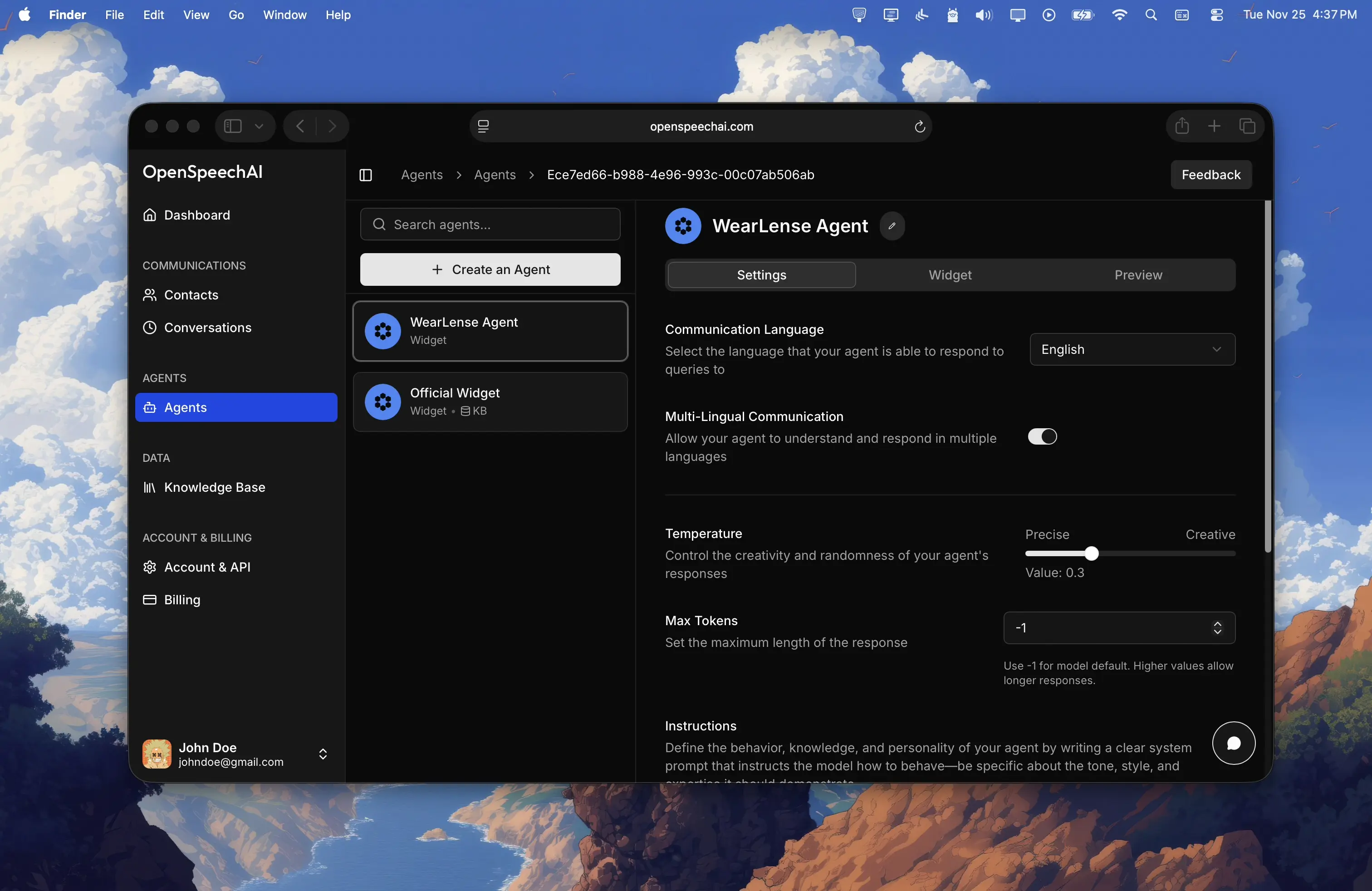 Accessing agent settings