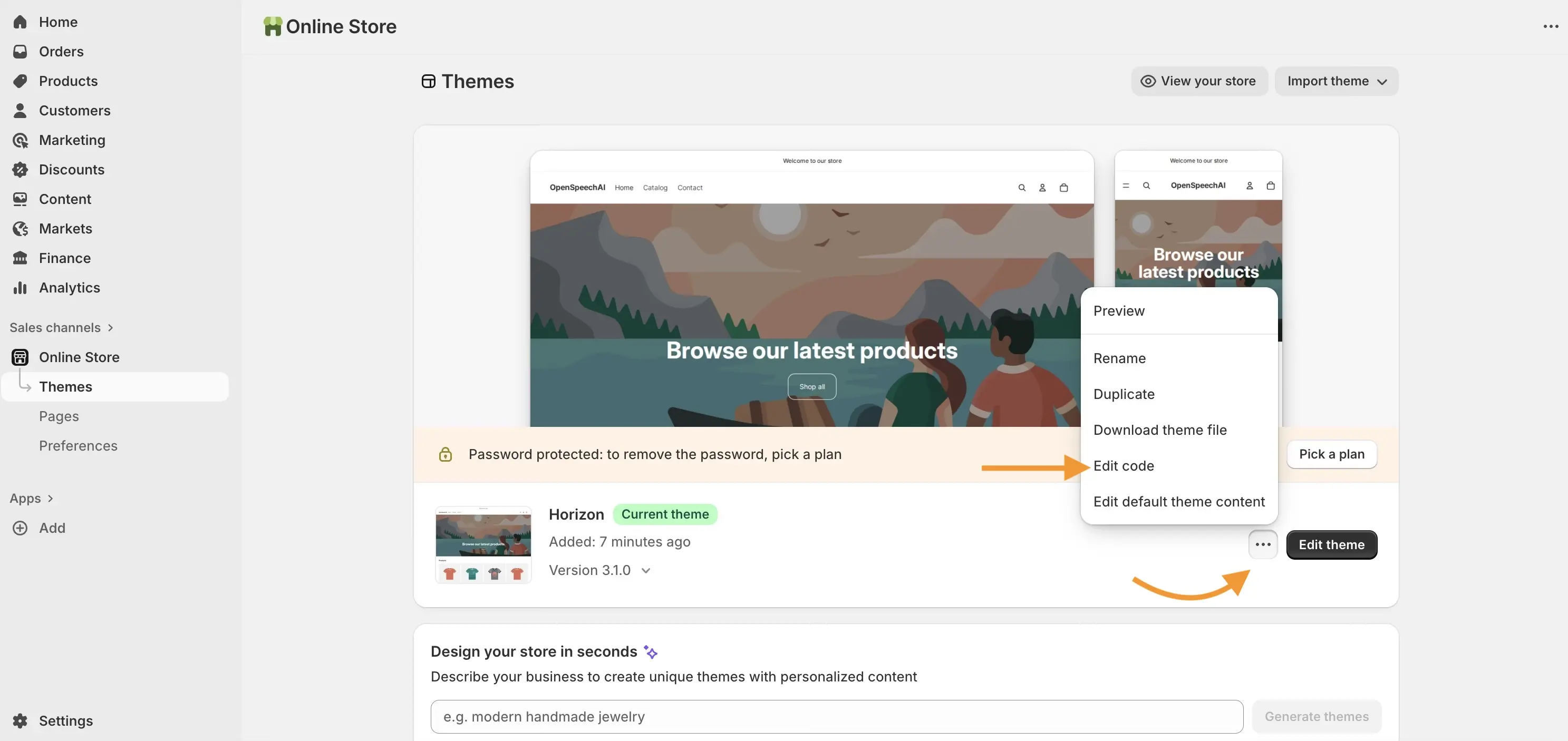 Shopify edit code navigation