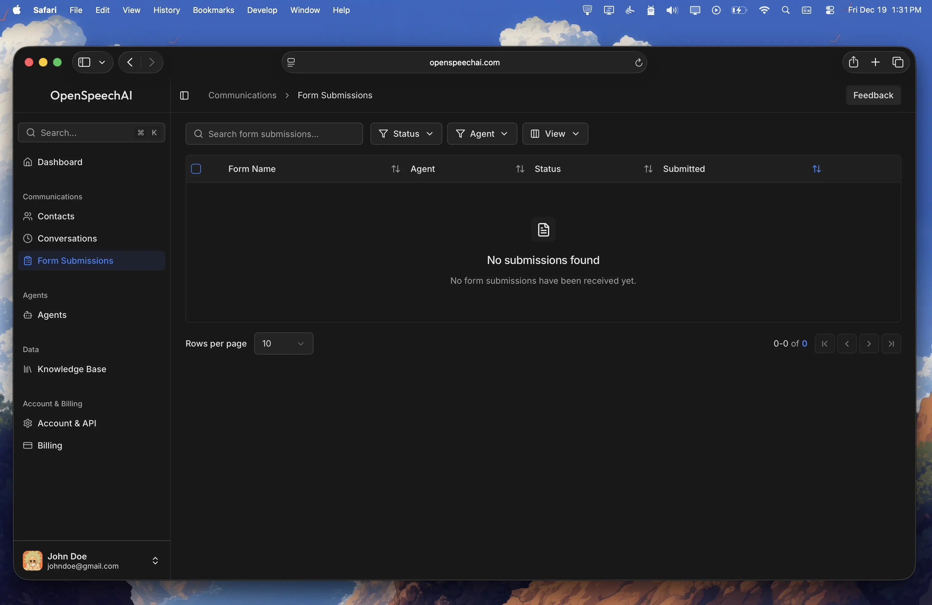 Form submissions page