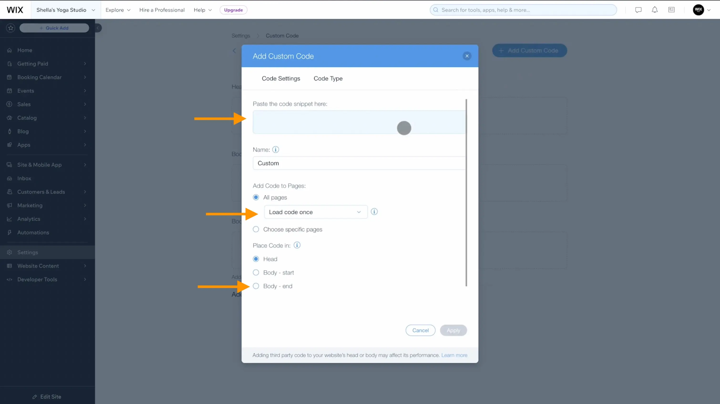 Add Custom Code modal