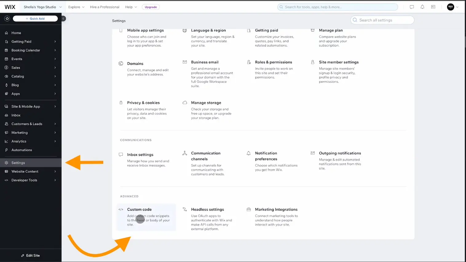 Navigate to Settings and Custom Code