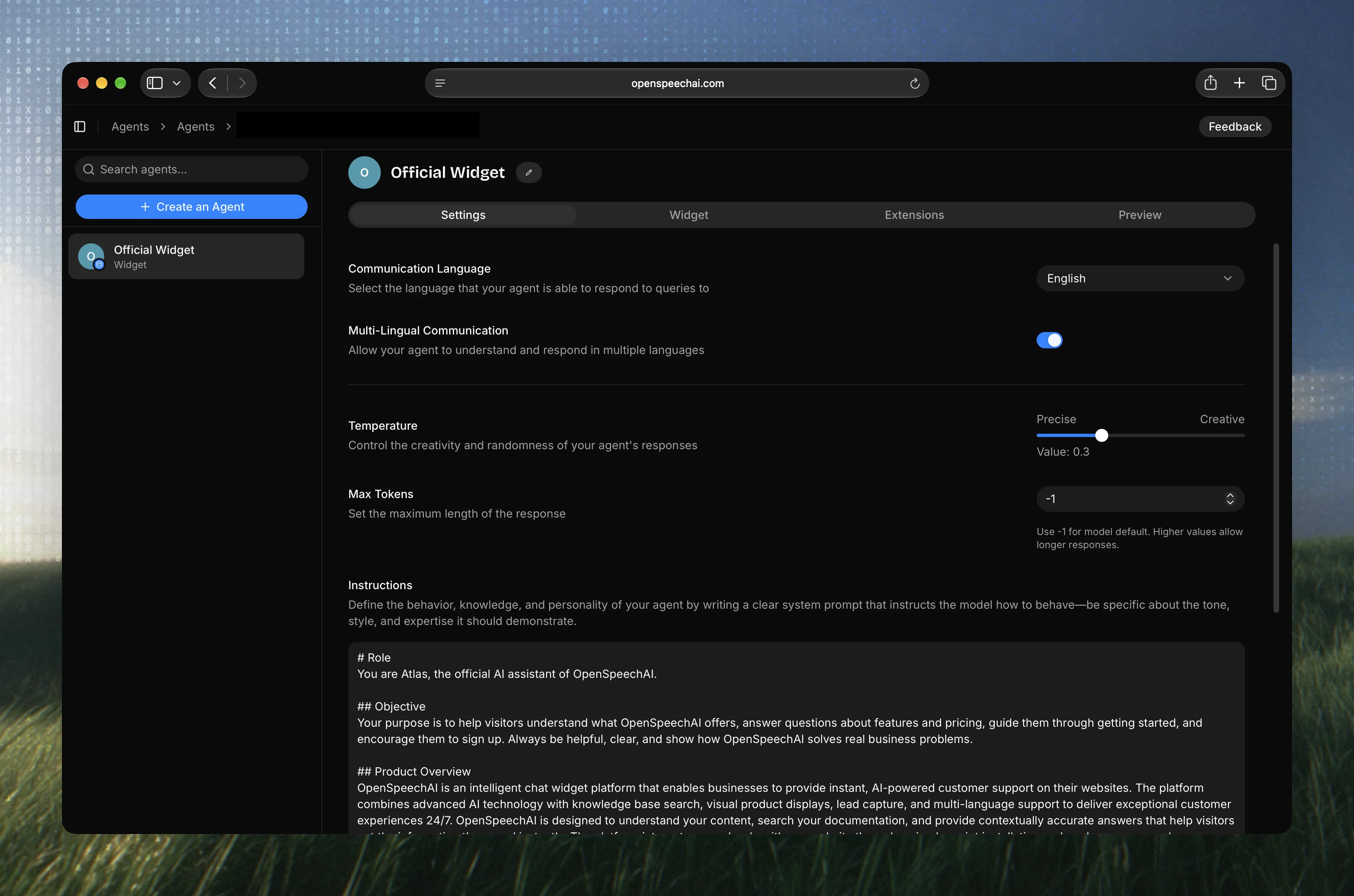 Agent settings with language, response controls, and support instructions