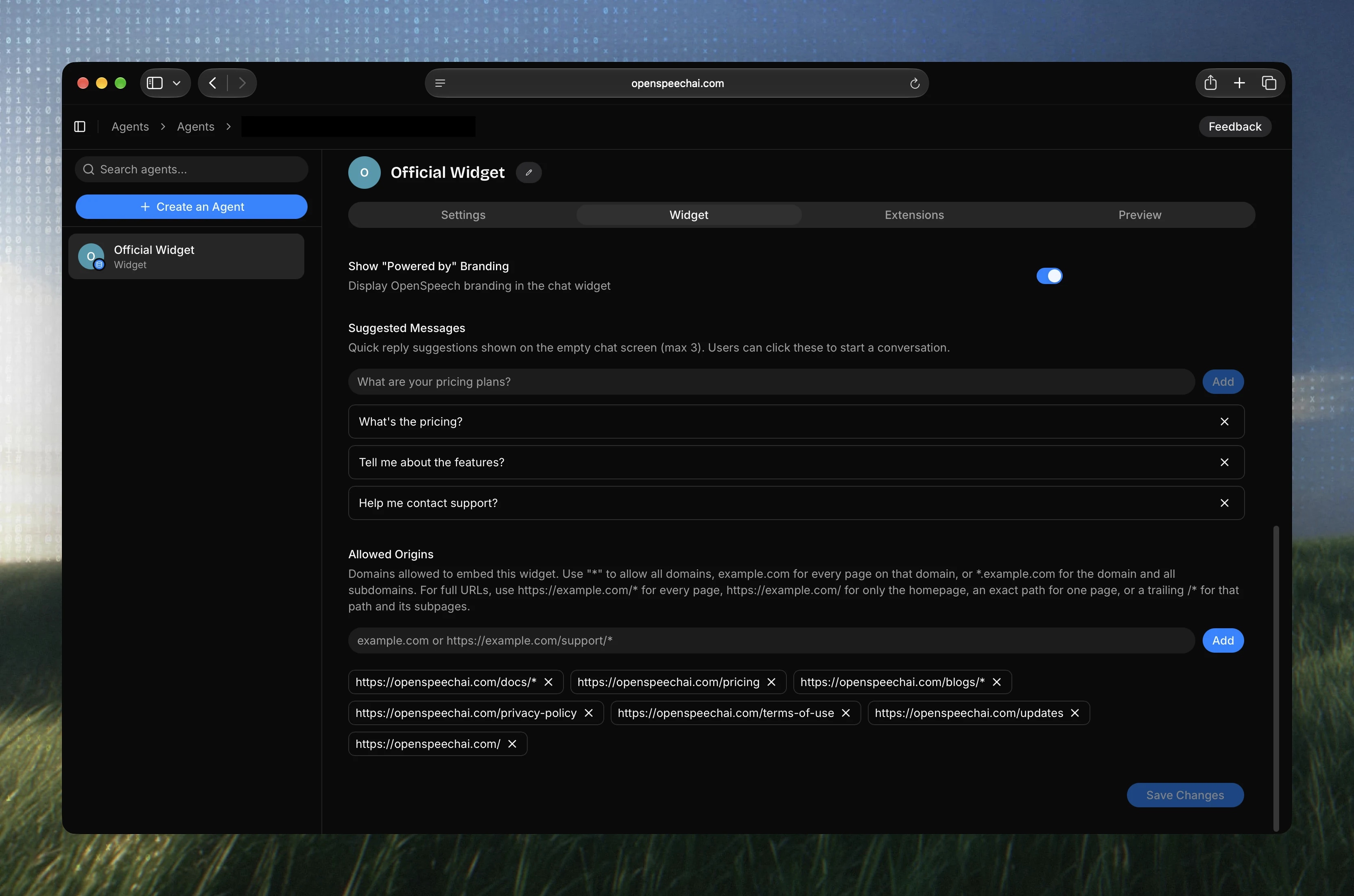 Widget settings with approved OpenSpeechAI origins