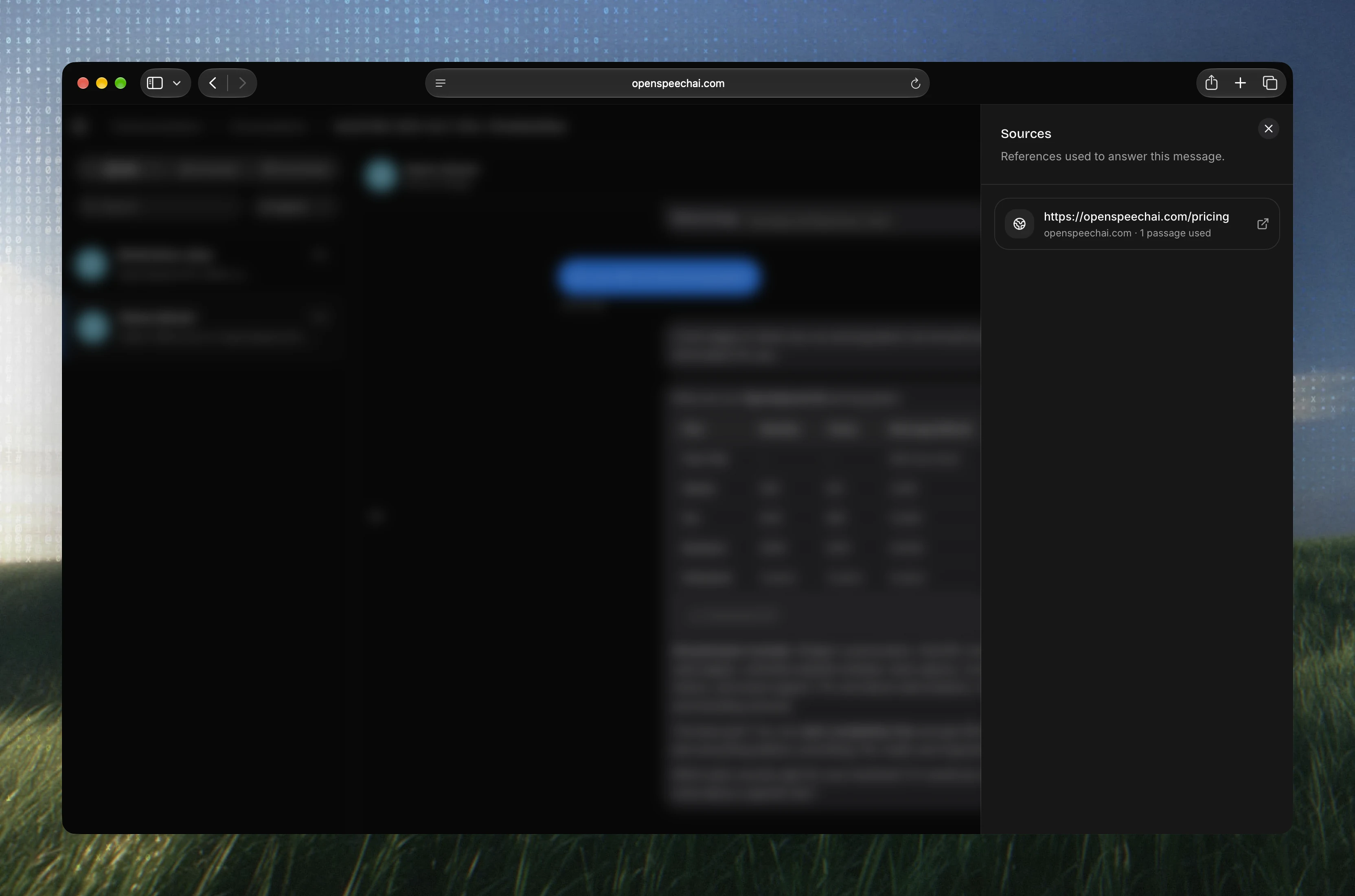 Preview answer sources panel referencing the OpenSpeechAI pricing page