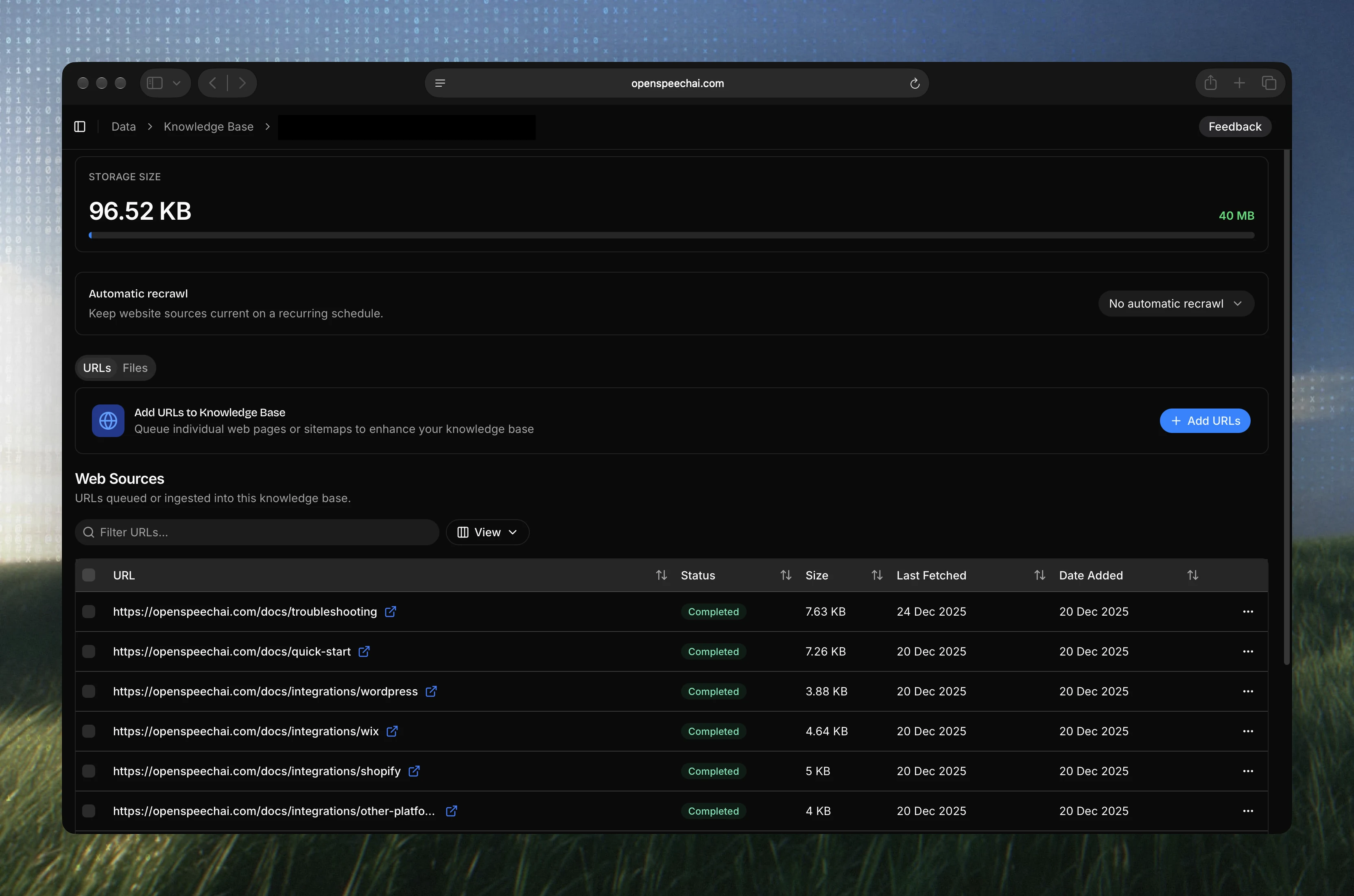 Knowledge base sources showing completed processing statuses