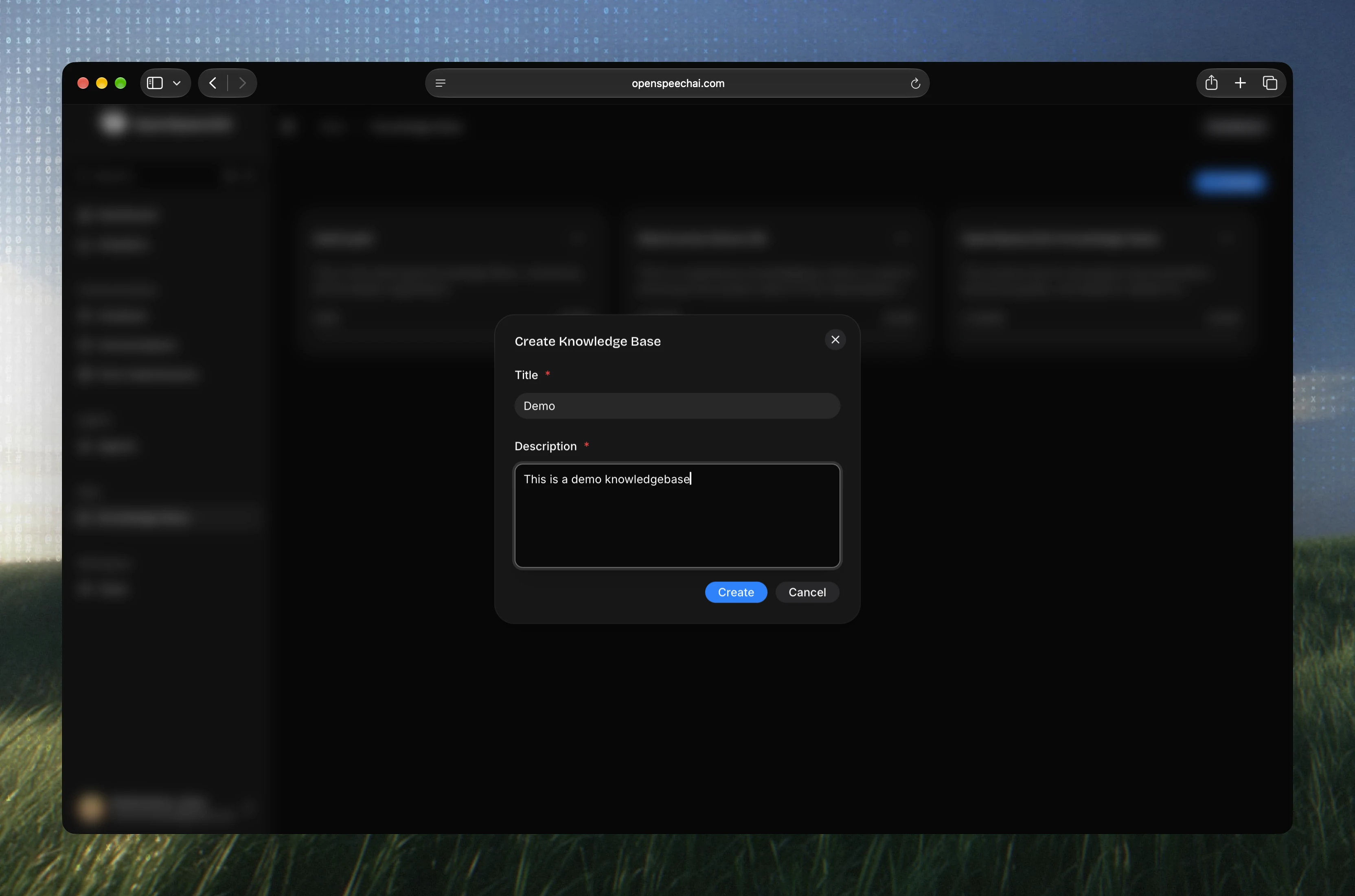 Create knowledge base dialog with title and description fields